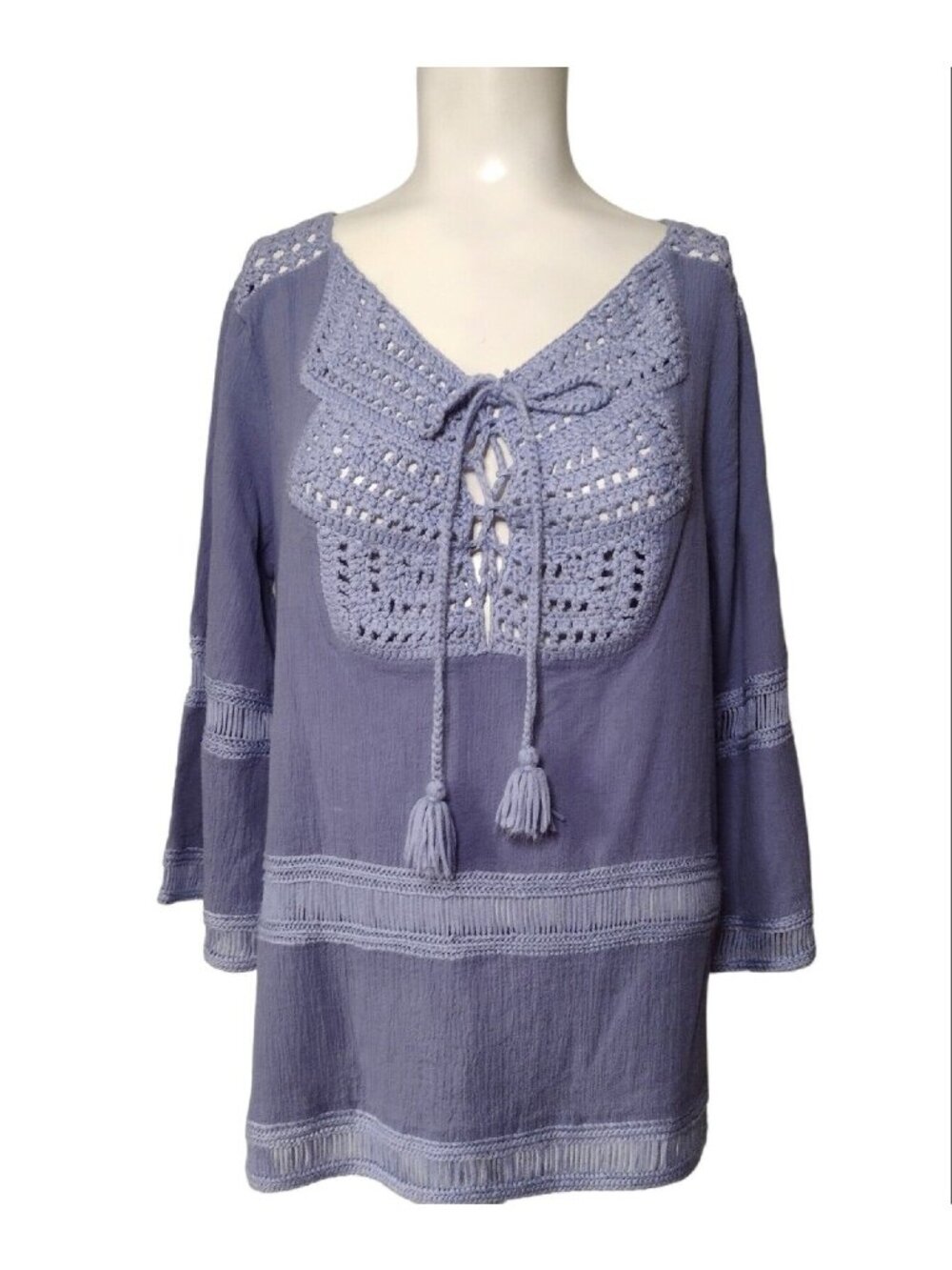Chicos Gauze Crotchet Lace Up Tunic Top M (1) Purple Boho Hippie Tassel Bell